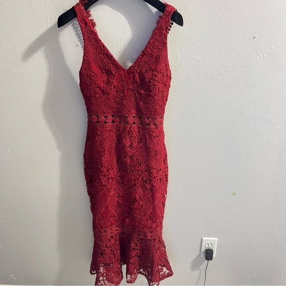 Twosisters the Label Sonia Estelle Burgundy Knit Lace Trumpet Hem Midi Dress - Picture 6 of 15